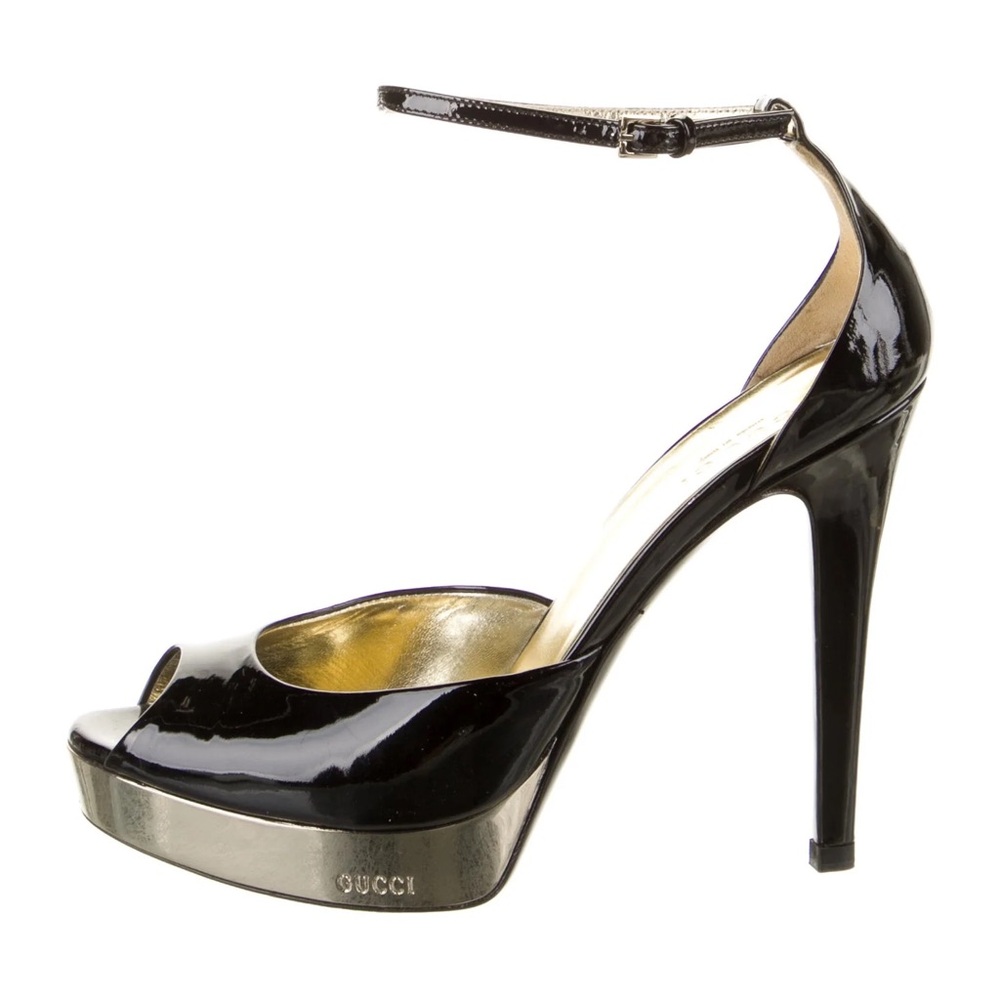 Gucci Glossy Black Heels with Metallic Silver Platform